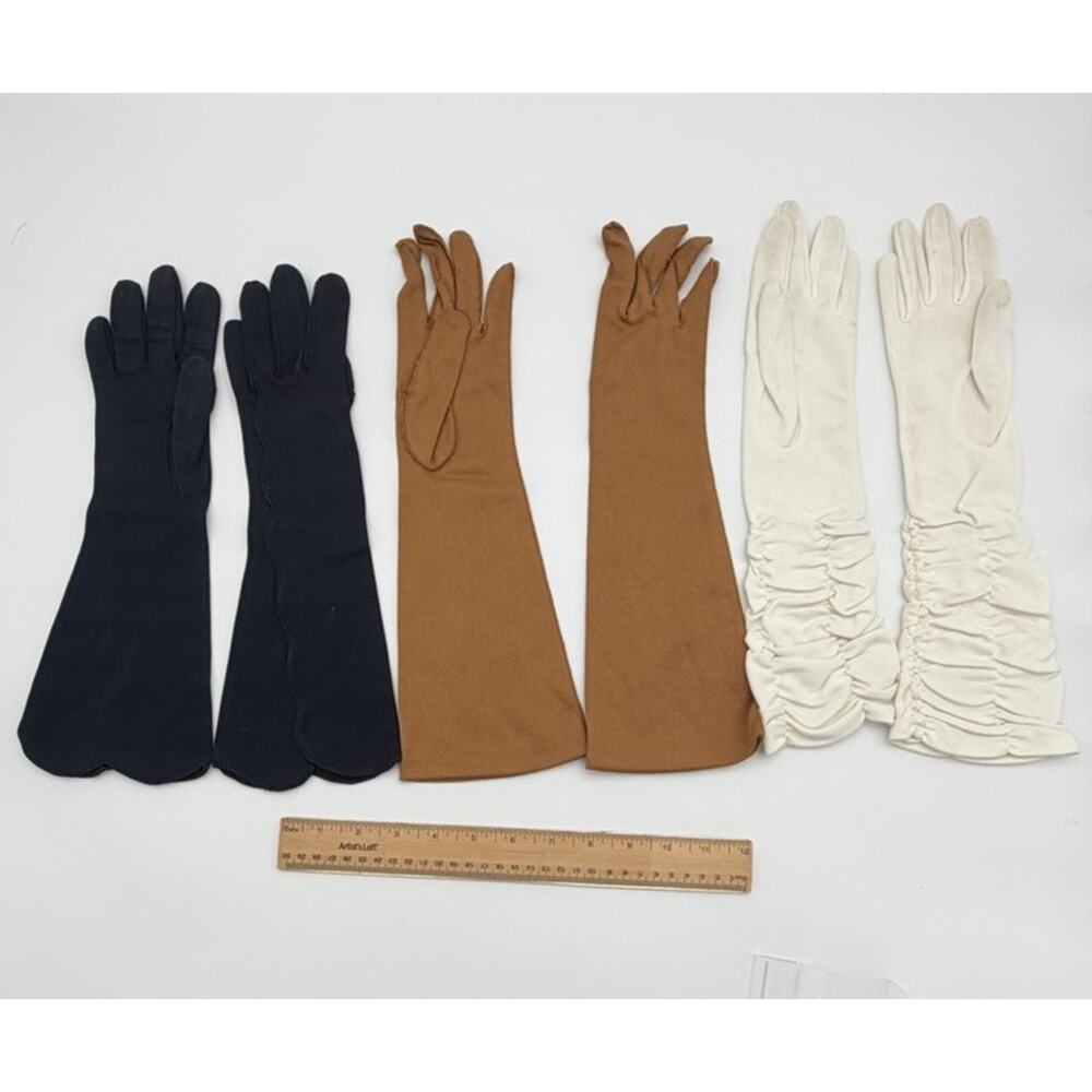 Vintage Lot 3 Pairs Women's Long Evening Gloves Hansen Size 6.5 Ruched Scalloped